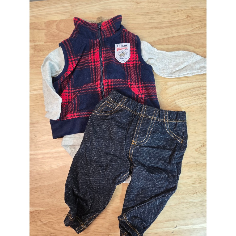 Carters Baby Boy 3 Piece Set Plaid Fleece Vest Thermal Bodysuit Pants 3 Months